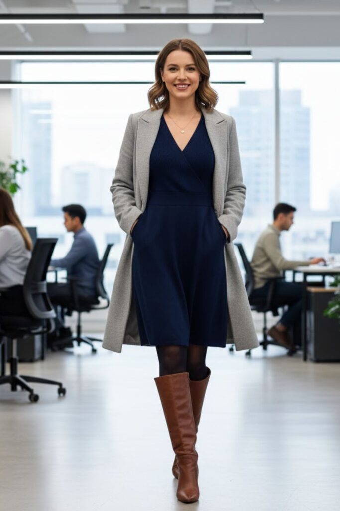 6. Long-Sleeve Wrap Dress with Boots
