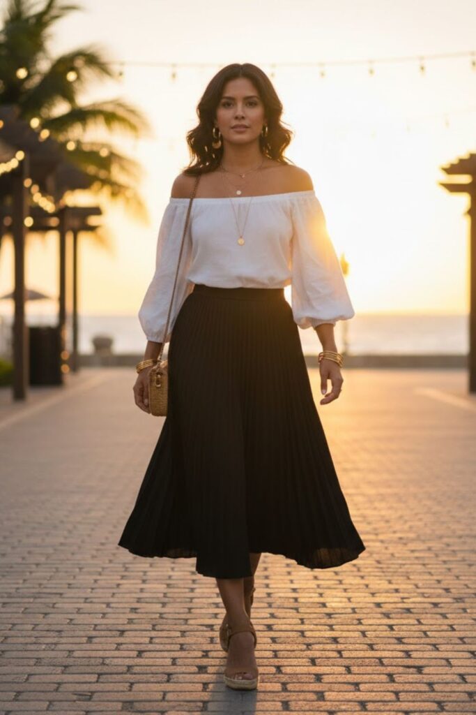6. Off-Shoulder Top and Wedge Sandals