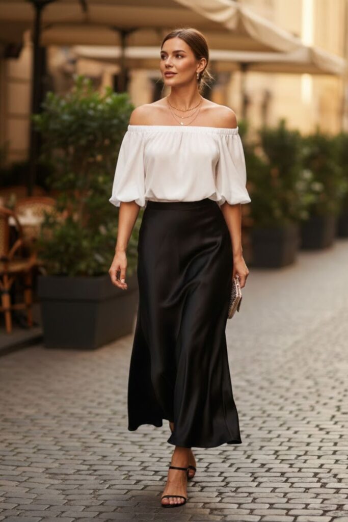 6. Off-Shoulder Top with a Black Silk Skirt