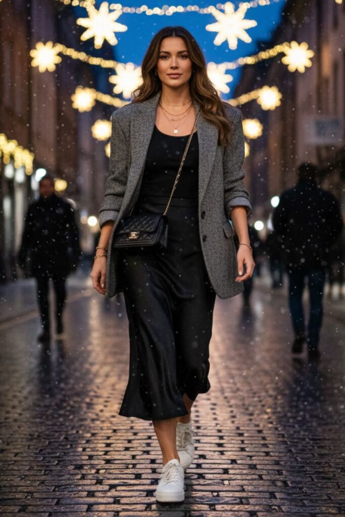 6. Oversized Blazer and Tank Top with a Silk Skirt