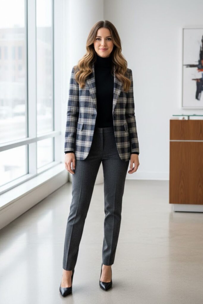 6. Plaid Blazer with Slim Pants and Turtleneck