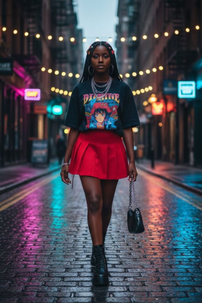 6. Pleated Mini Skirt with Retro Graphic Tee