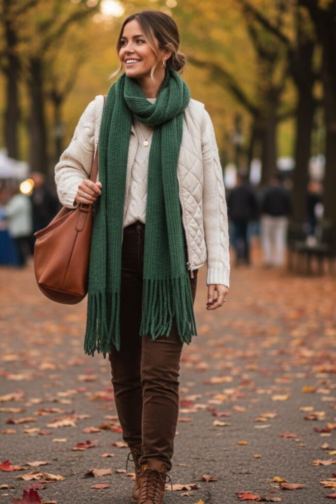 6. Quilted Vest Over Knit Sweater and Corduroy Pants