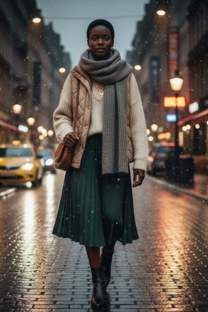 6. Quilted Vest with Knit Sweater and Skirt