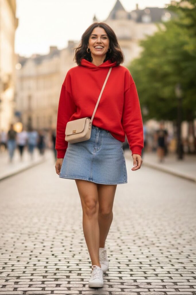 6. Red Hoodie with Denim Skirt and White Sneakers