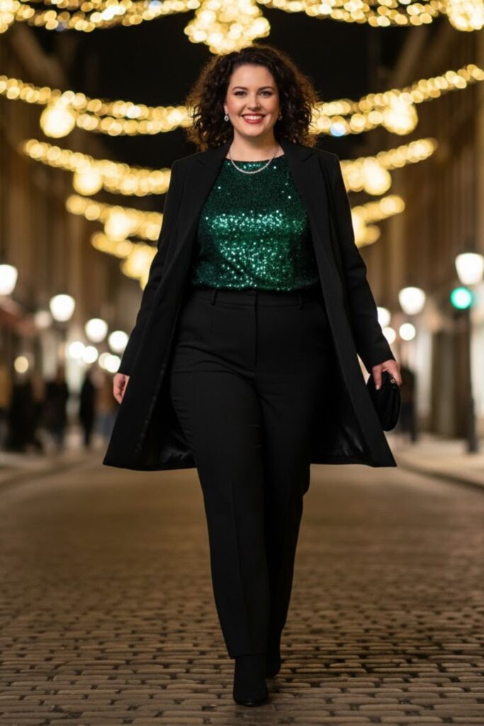 6. Sequin Top with Black Trousers