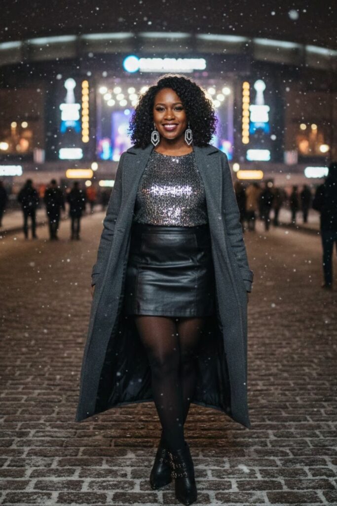 6. Sequin Top with Leather Skirt and Long Coat