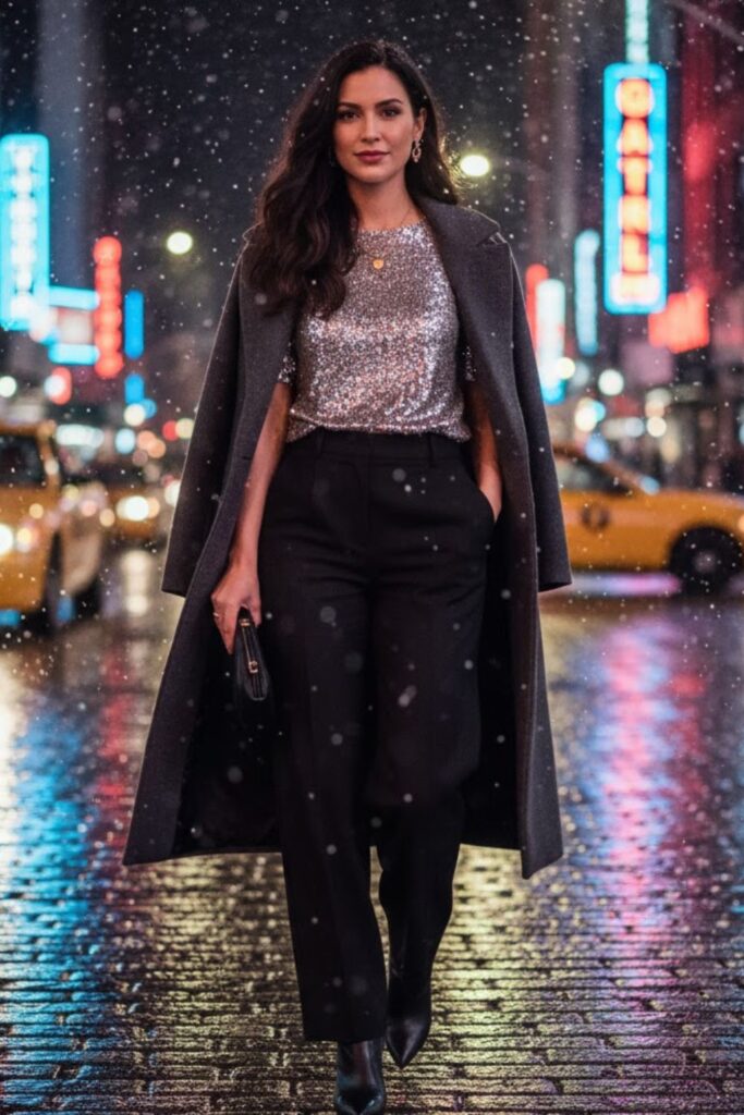 6. Sequin Top with Wide-Leg Pants