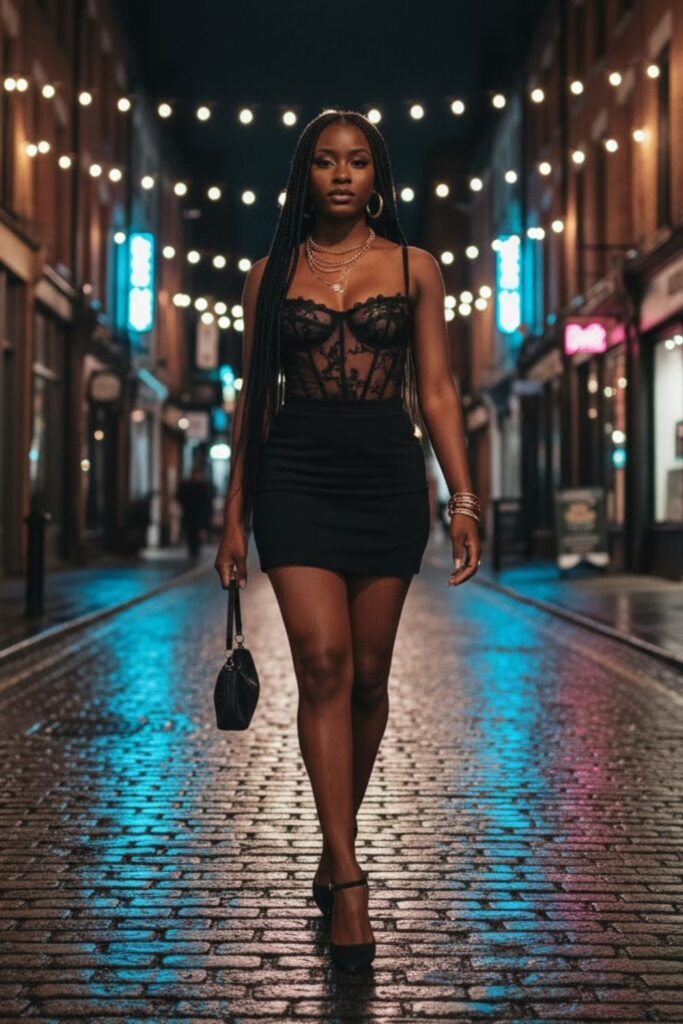 6. Sheer Corset with High-Waist Mini Skirt