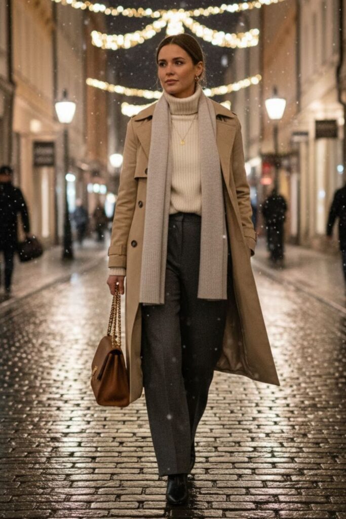 6. Trench Coat with Cashmere Sweater and Tailored Pants