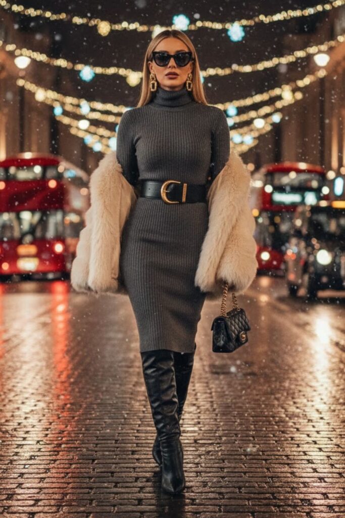 6. Turtleneck Dress with Belt and Knee-High Boots