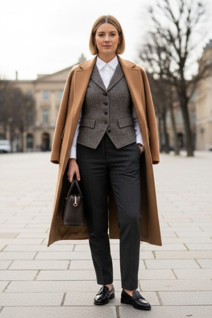 6. Tweed Waistcoat with Button-Up Shirt and Trousers