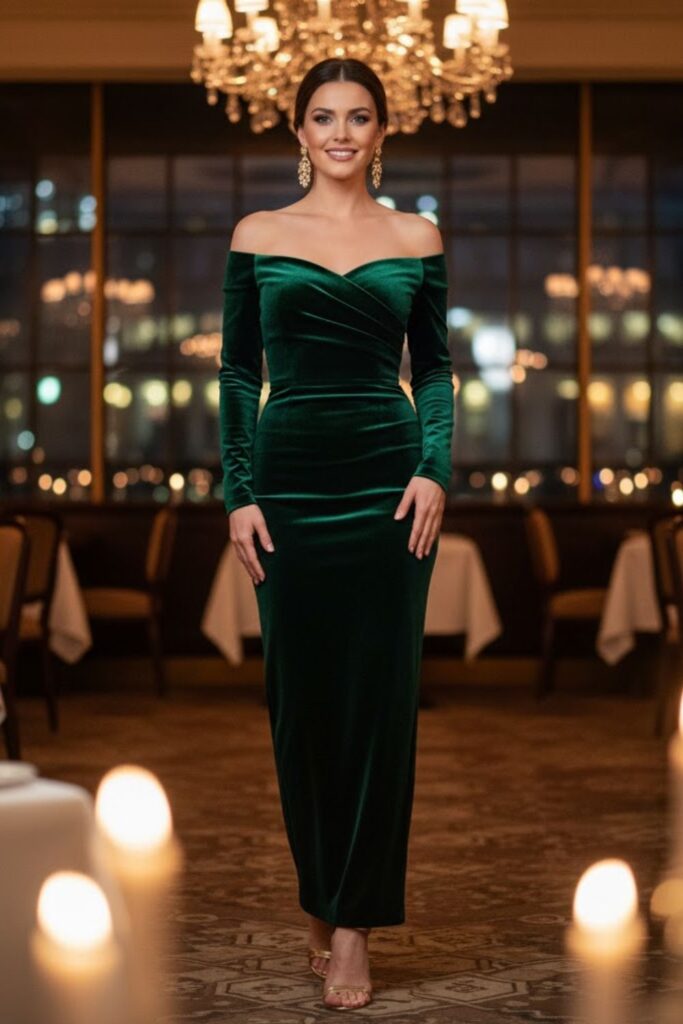 6. Velvet Dress with Statement Earrings