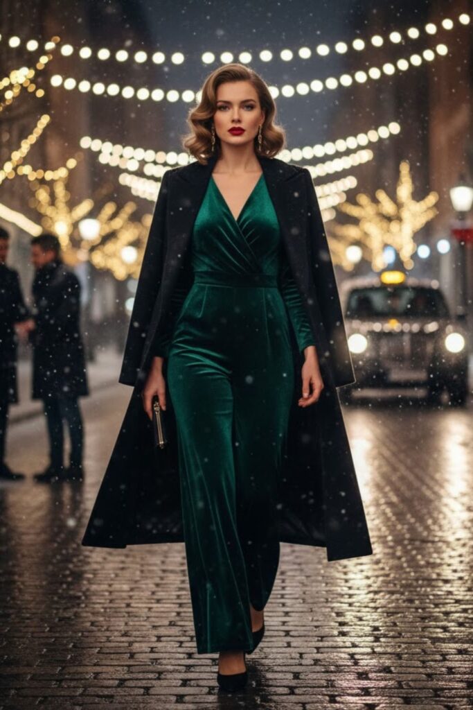 6. Velvet Jumpsuit with Statement Coat