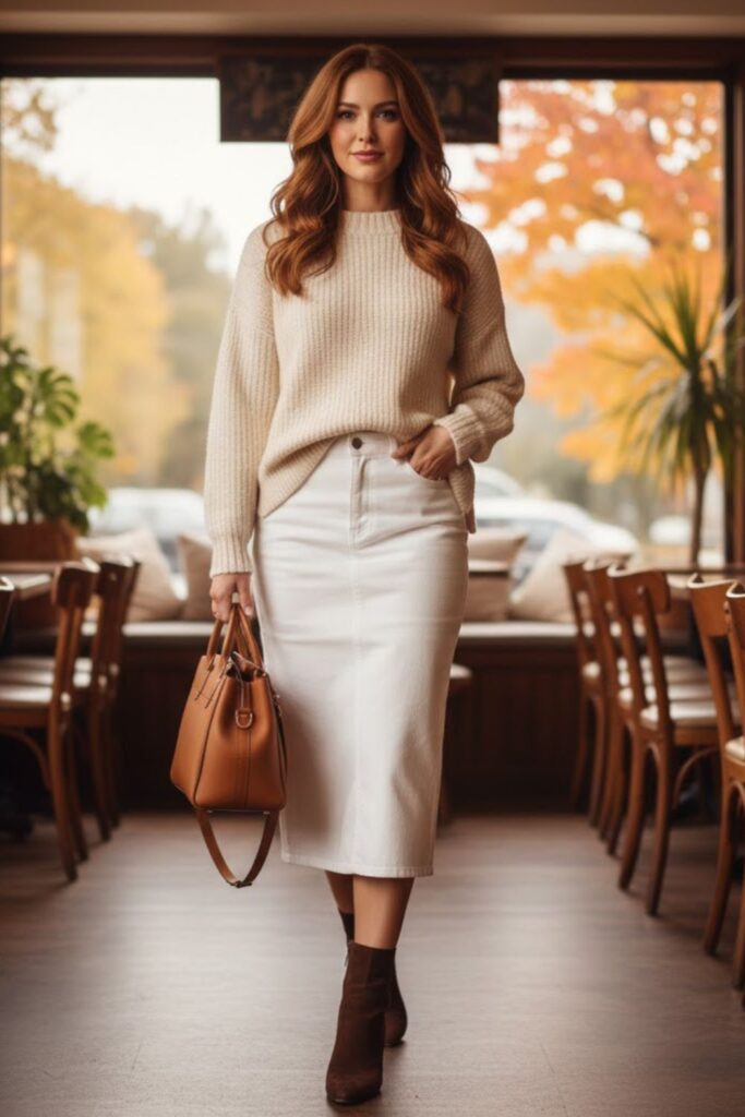 6. White Denim Midi Skirt with a Knit Sweater