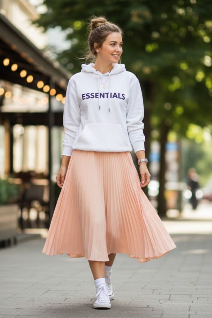6. White Hoodie with Pleated Skirt and Sneakers