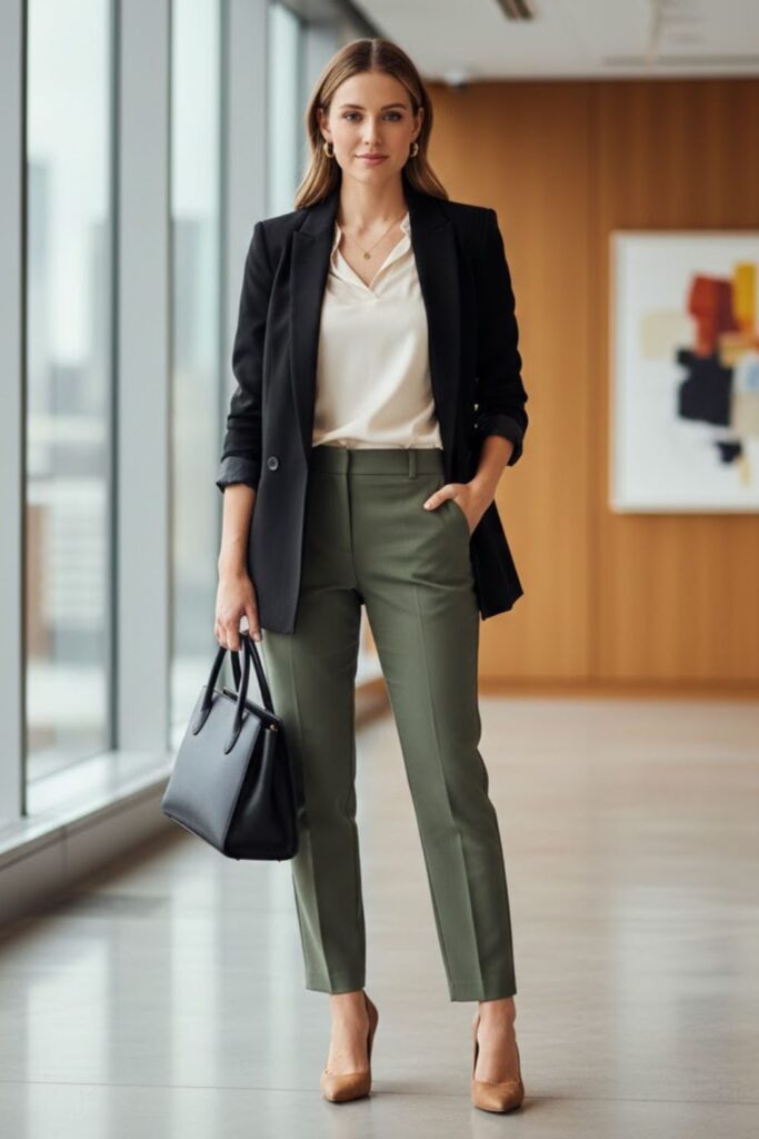 7. Army Green Pants with a Blazer and Heels