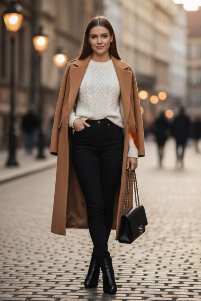 7. Black Jeans with Camel Coat and White Sweater