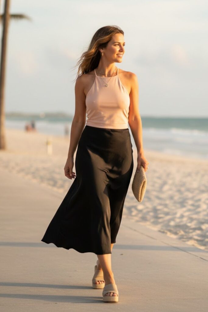 7. Black Silk Skirt with a Cropped Halter Top