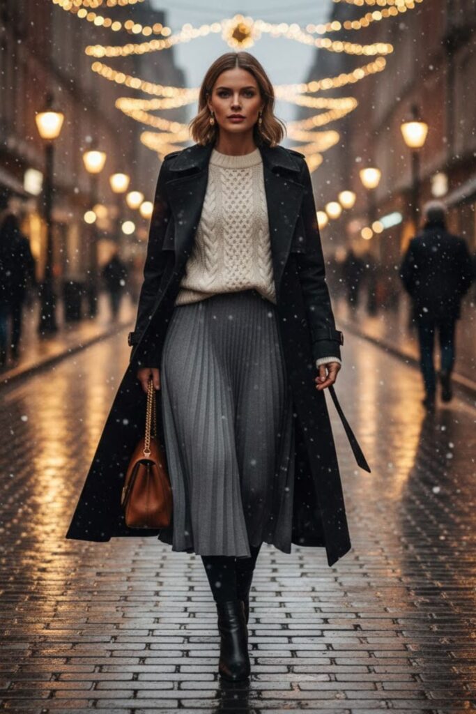 7. Black Trench Coat with Sweater and Midi Skirt