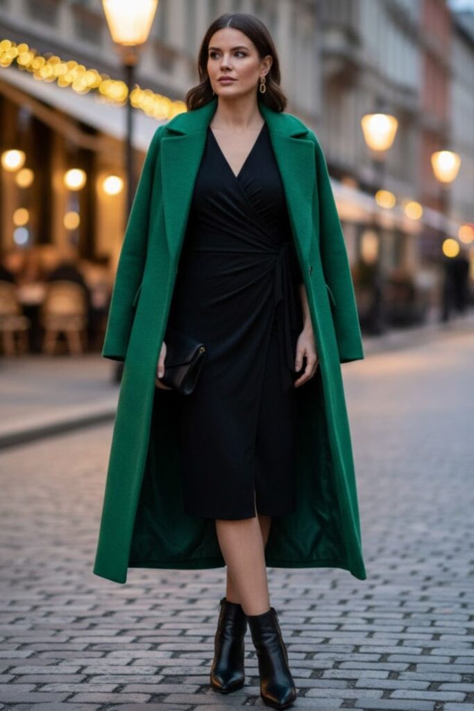 7. Black Wrap Dress with Statement Coat