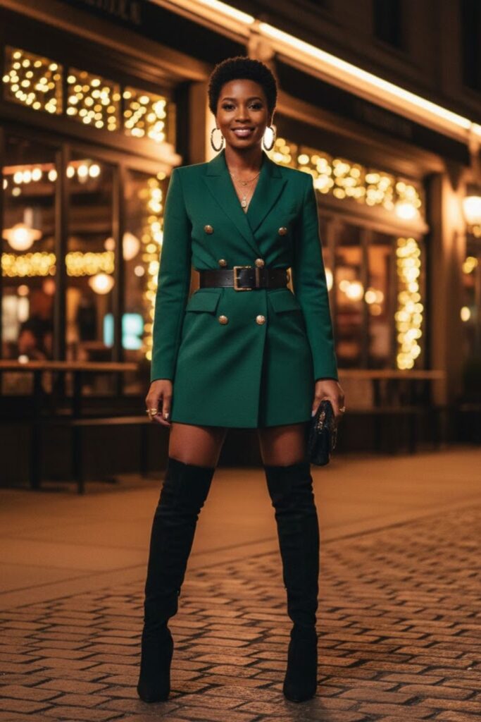 7. Blazer Dress with Thigh-High Boots