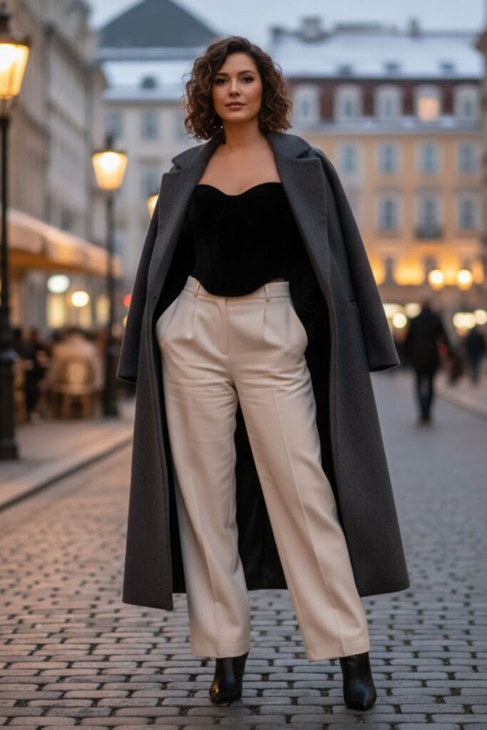 7. Corset Top with Wide-Leg Trousers