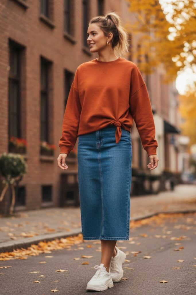 7. Denim Midi Skirt with an Oversized Sweatshirt