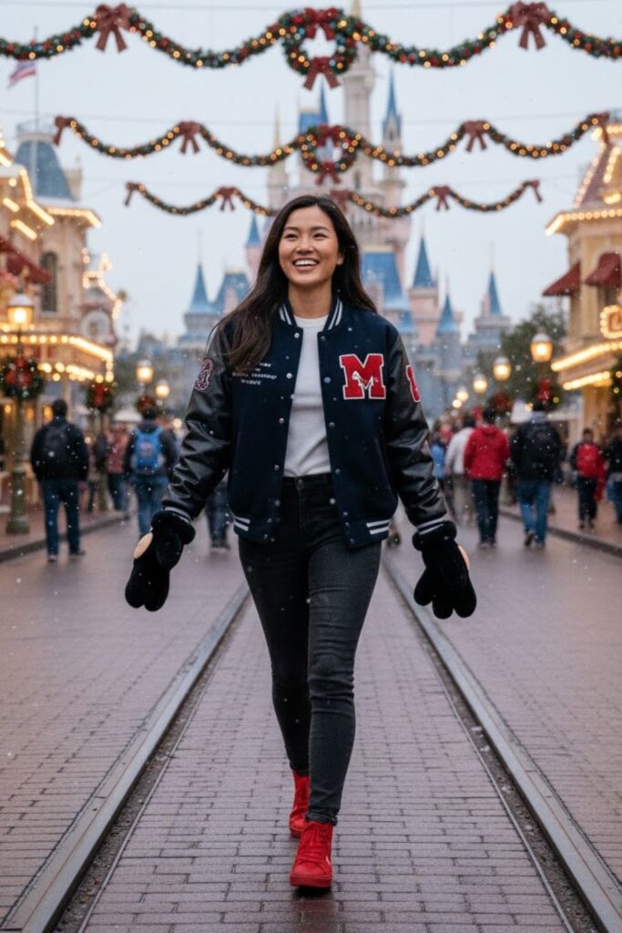 7. Disney Varsity Jacket with Jeans