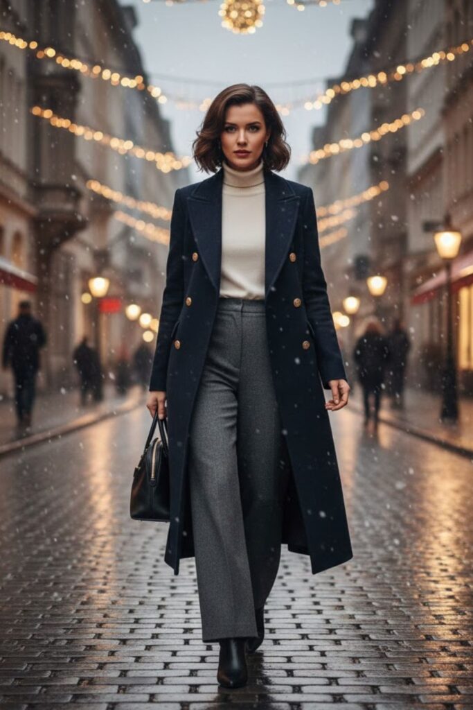 7. Double-Breasted Coat with Wide-Leg Pants
