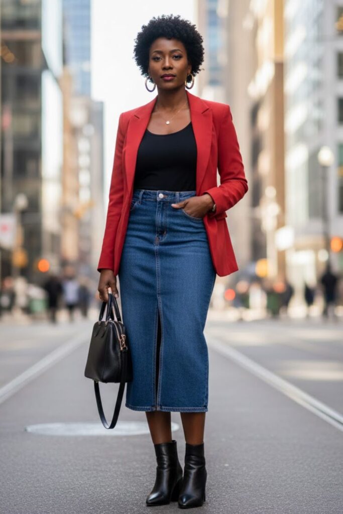 7. Fitted Blazer and Denim Maxi Skirt