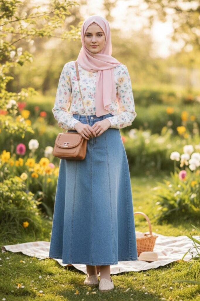 7. Floral Blouse and Denim Skirt for Spring
