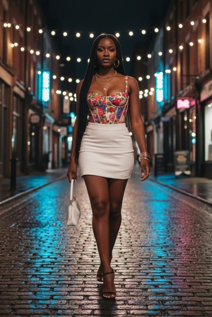 7. Floral Corset with White Mini Skirt