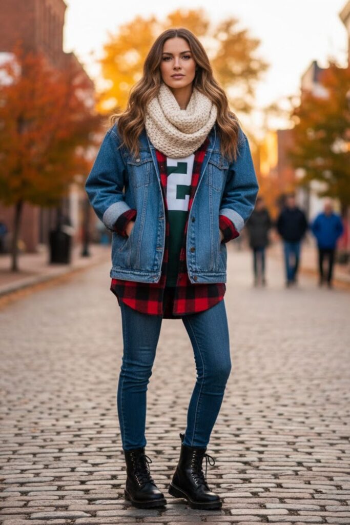 7. Football Jersey Under Denim Jacket with Flannel