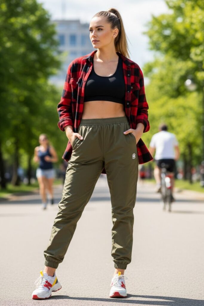 7. Green Parachute Pants with a Sports Bra and Overshirt