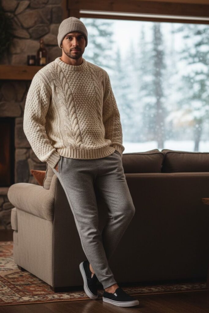 7. Grey Sweatpants with Oversized Sweater and Beanie