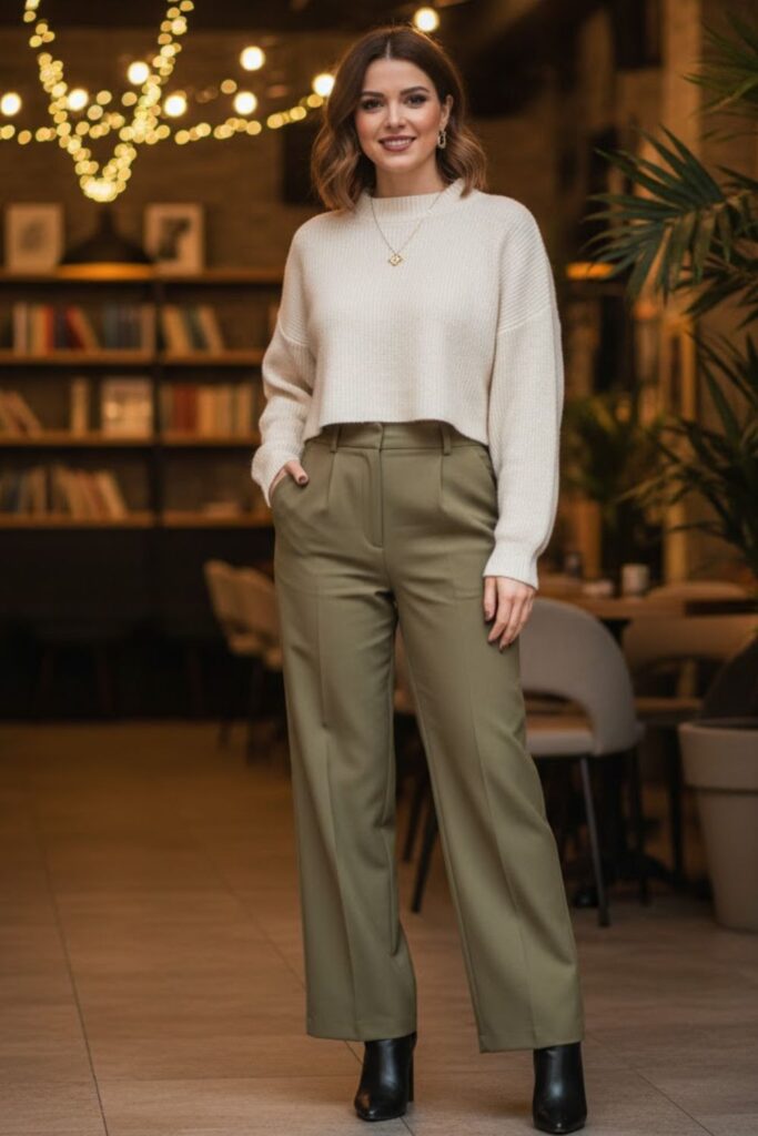 7. High-Waisted Trousers and Crop Sweater