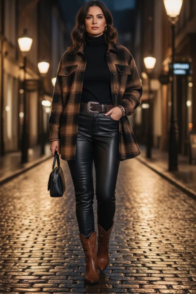 7. Leather Pants and Plaid Jacket