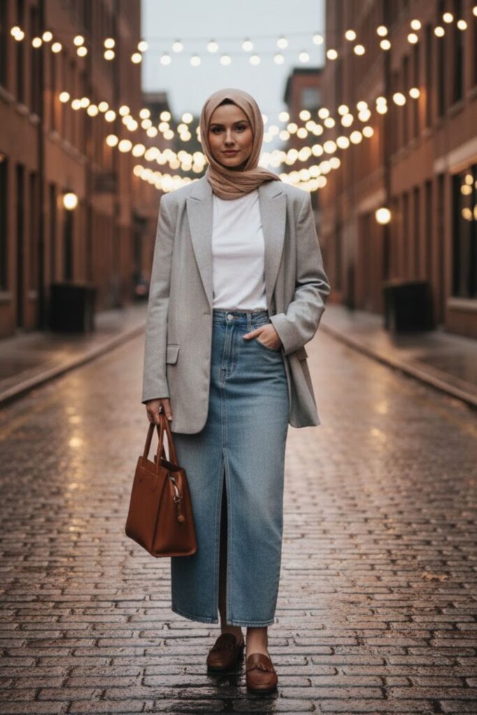 7. Long Denim Skirt with an Oversized Blazer and Loafers