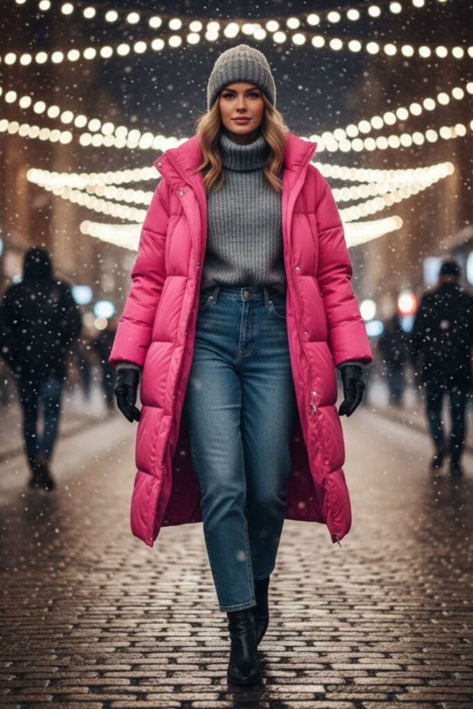 7. Longline Pink Puffer Coat with Jeans