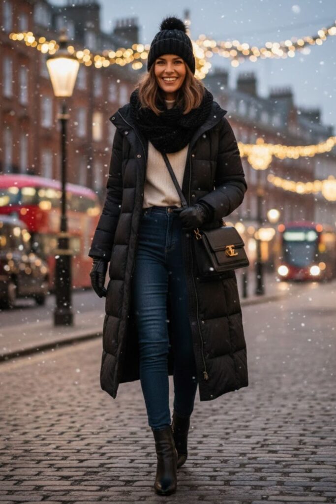 7. Longline Puffer Coat with High-Waist Jeans