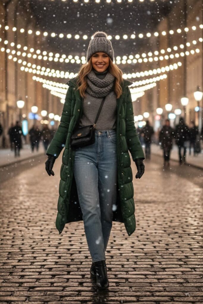7. Longline Puffer Coat with High-Waist Jeans