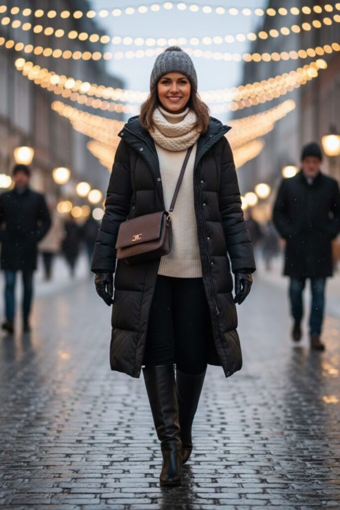 7. Longline Puffer with Leggings and Boots