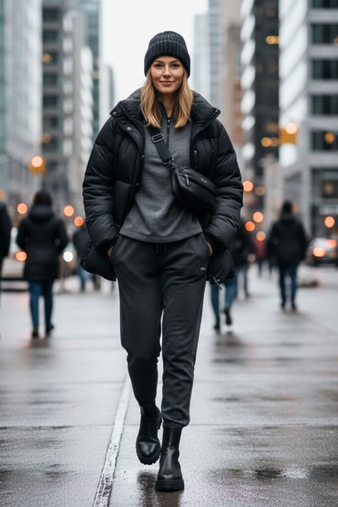 7. Lug-Sole Chelsea Boots with Puffer Jacket and Joggers