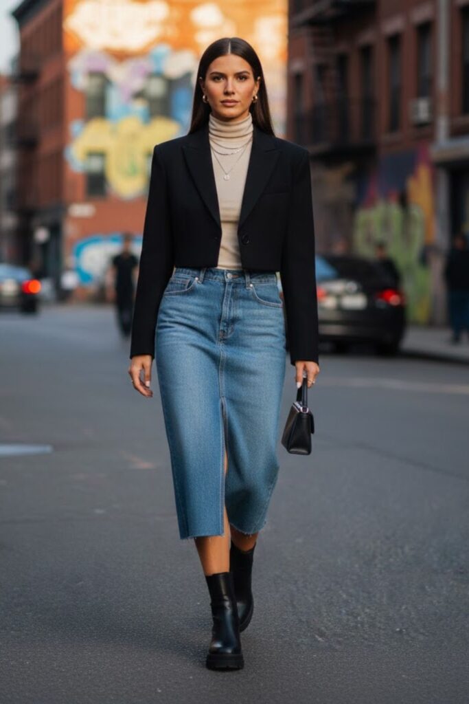 7. Midi Denim Skirt with a Cropped Blazer