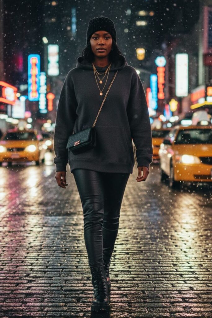 7. Oversized Hoodie with Leather Leggings