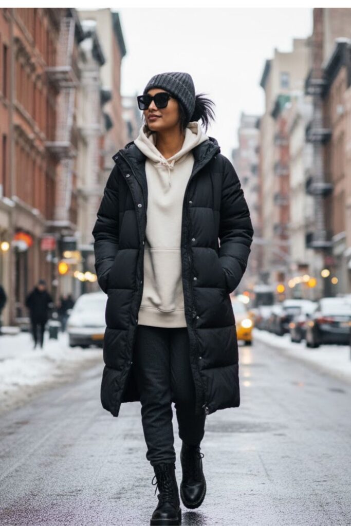 7. Oversized Hoodie with Long Puffer Coat and Joggers