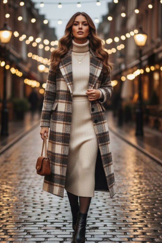7. Plaid Coat with Knit Set