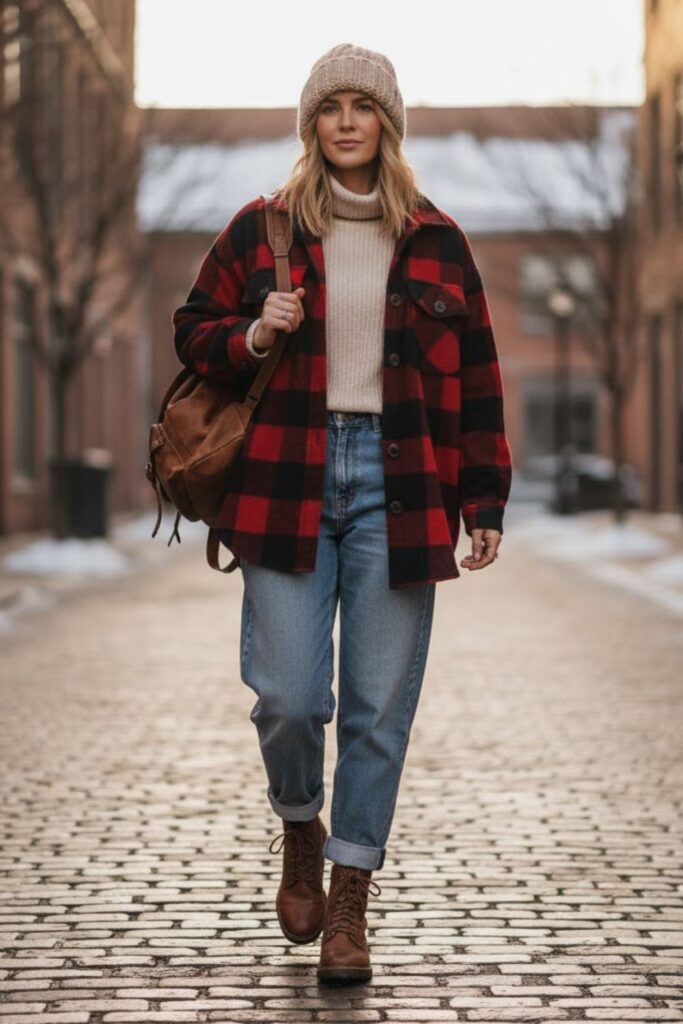 7. Plaid Shacket and Beanie
