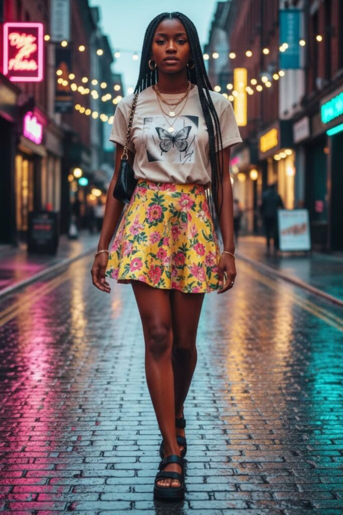 7. Printed Mini Skirt with Neutral Graphic Tee